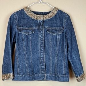 First Issue Liz Claiborne Denim Jacket with Gold Beaded Collar and Cuffs; Size S